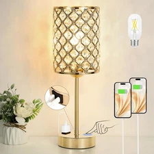 Gold Lamps for Night Stands-Crystal Table Lamp with USB-C+A & AC Charging Por...