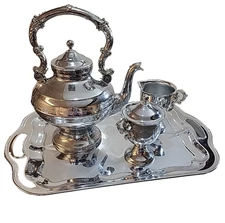 Vintage Chrome Plated Ornate Teapot Set w/Tray, 4 pc mixed set