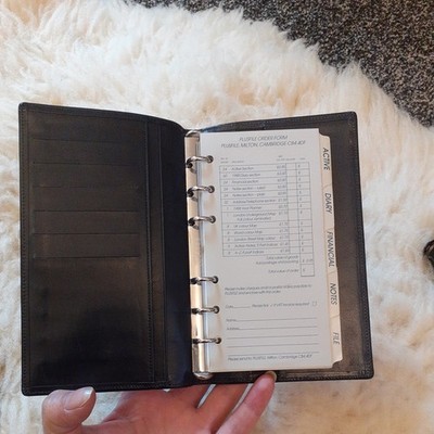 Vintage Personal Organizer Schwarz Echtleder mit Seiten & Kartenfächern 