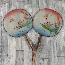Vintage Asian Hand Painted Silk Bamboo Hand Fans Geese Bird Pair 2 pc Set 8 in