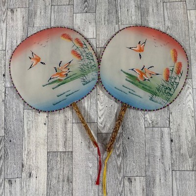 Vintage Asian Hand Painted Silk Bamboo Hand Fans Geese Bird Pair 2 pc Set 8 in