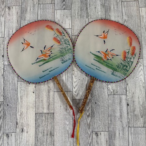 Vintage Asian Hand Painted Silk Bamboo Hand Fans Geese Bird Pair 2 pc Set 8 in