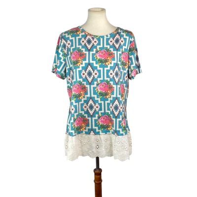 NWT Crazy Train Womans Floral Aztec Print Blouse Size M Short Sleeve Western