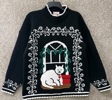 Suéter Vintage Valiente Años 80 Novedad Navidad Gato Dama Blanco Gatito Talla M/L EE. UU.