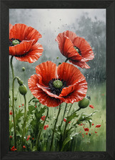 Red Poppies in the Rain Framed Wall Art Poster Canvas Print Picture
