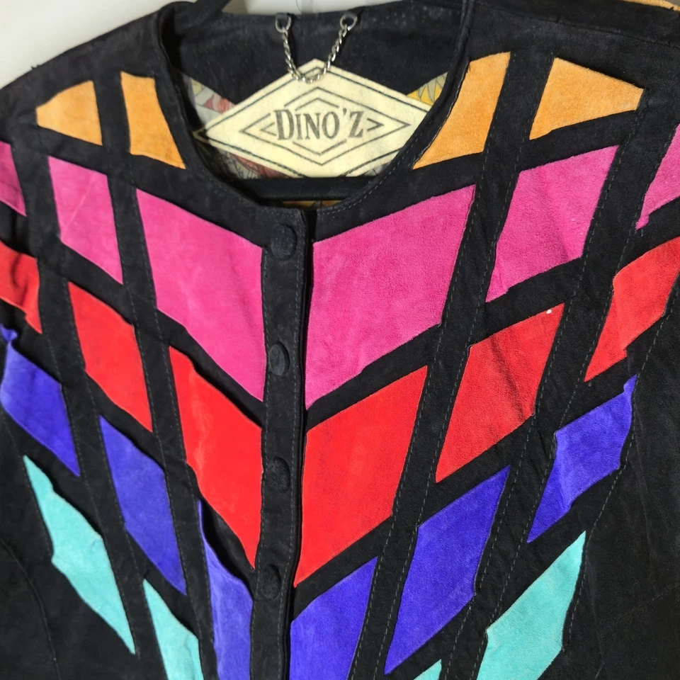 Chaqueta Dinoz Gamuza Retazos Para Mujer Talla Mediana Arte Moda Elegante Foto 2 de 4