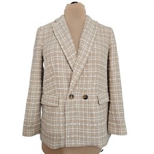 New Ann Taylor Petite Tan White Tweed Plaid Double Breasted Blazer 8P Preppy