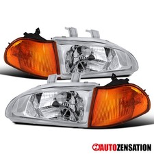 Fits 92-95 Honda Civic 4Dr Clear Headlights+Amber Lens Corner Lamps Left+Right