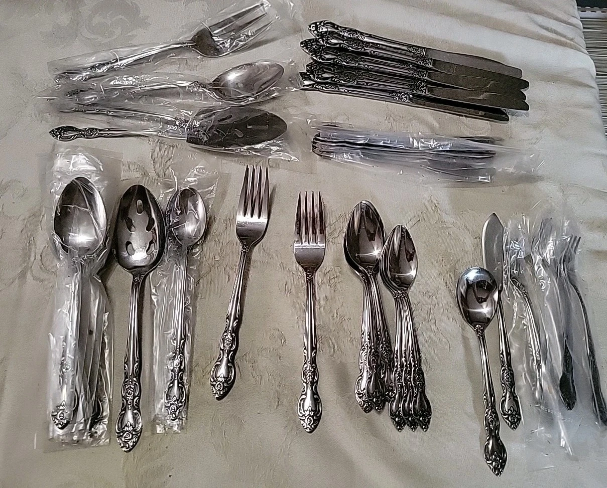 51 Pc Lot Vintage IMI4 Stainless Imperial Flatware Floral, Scrolls Japan Serving
