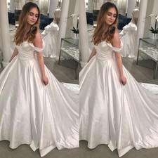 Elegant Wedding Dresses Off Shoulder Satin A Line Ruched Sweep Train Bridal Gown