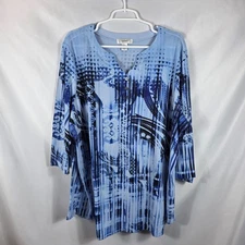 CJ Banks Size 3X Top Shirt Blouse Blue Black Floral Mixed Print Henley Neckline