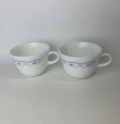 Vintage Pyrex Milk Glass Morning Blue Flower Coffee Mugs Cups Set Of 2