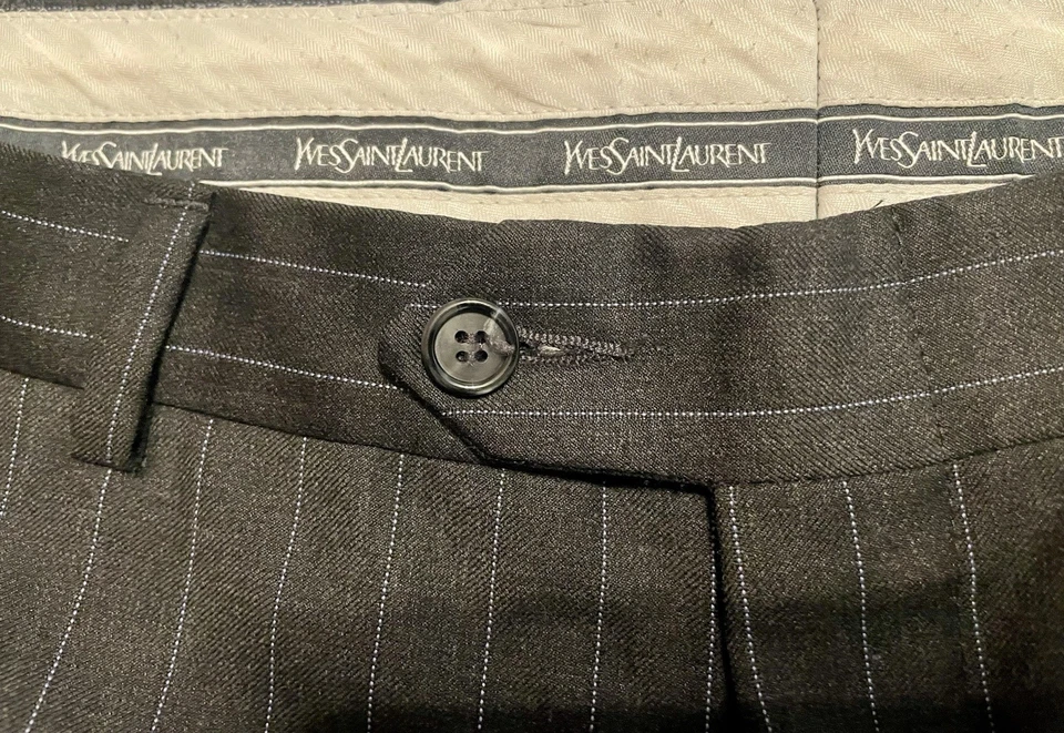 VTG Yves Saint Laurent Pants Mens•36x29 Wool Pleated Black Pinstripe Trouser YSL - Image 3 of 4
