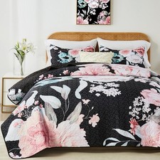 King Size Quilt Set, Pink Floral Botanical Pattern Black Bedding Set,3 Piece ...