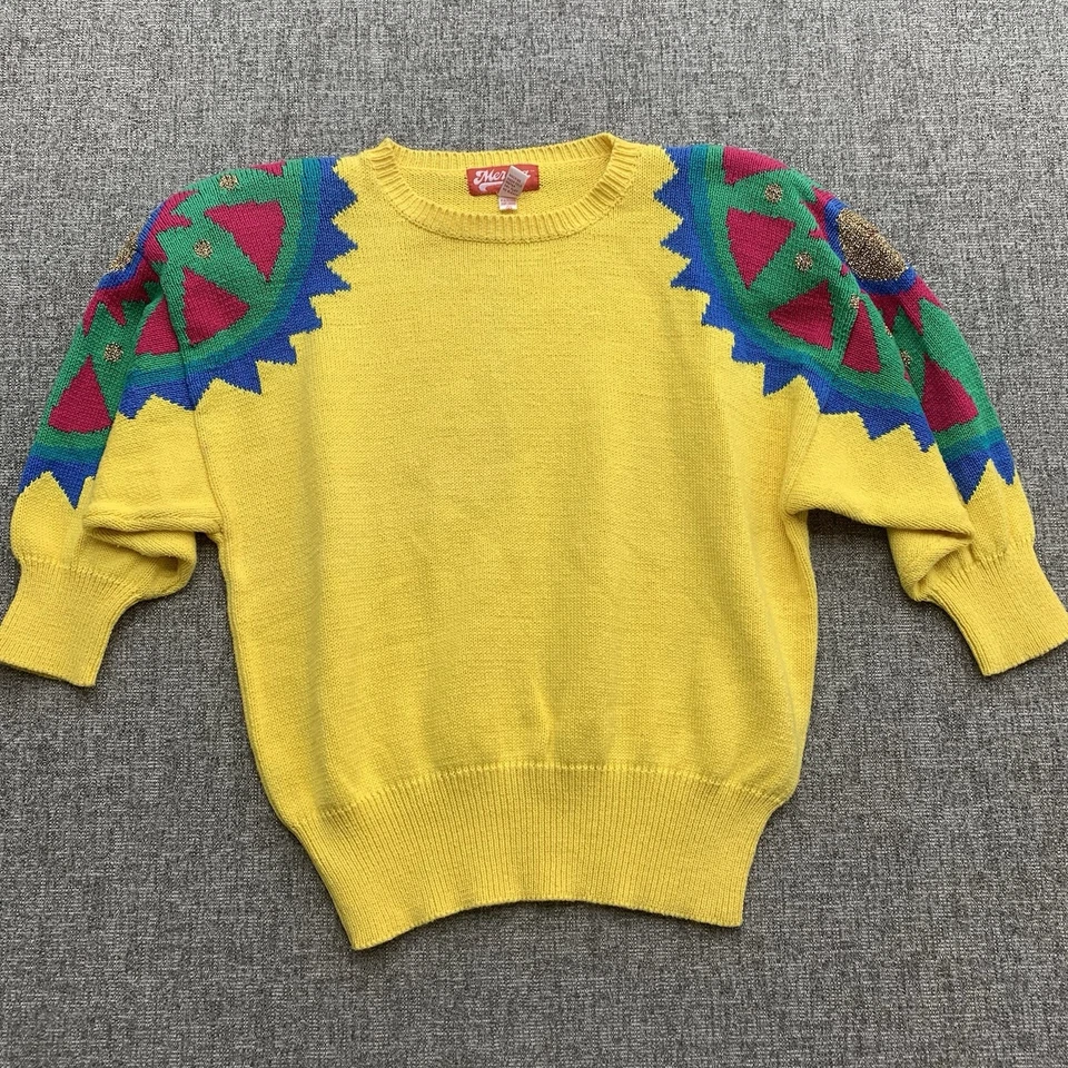 Suéter Merona Vintage Años 90 M Amarillo Geométrico Mezcla Algodón Manga 3/4 Foto 2 de 4