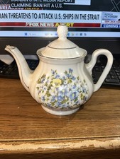 Vintage Enesco Japan Japanese tea pot Blue and yellow flowers with gold Trim