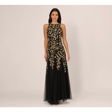 Adrianna Papell Sleeveless Floral Beaded Godet Gown In Black Gold - formal -sz 8