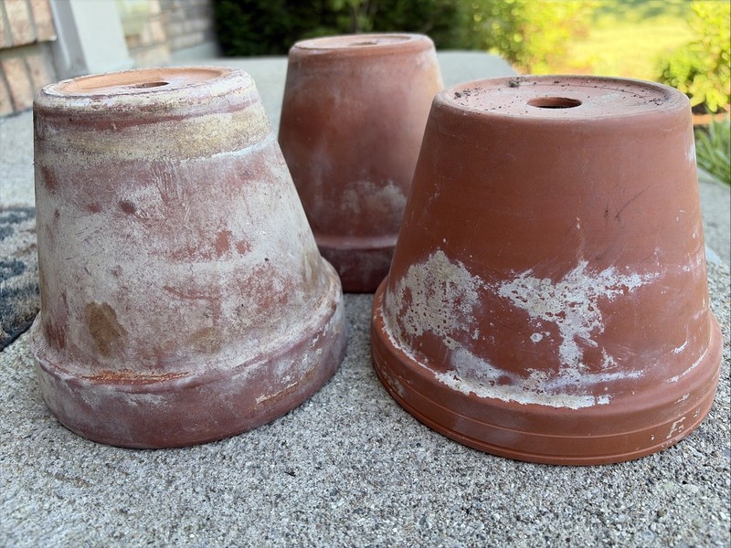 Lot 3 Terra Cotta Clay Pots Mix Calcium Deposit Used Patina 6” Flower Planters