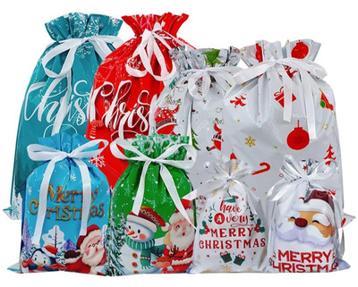 Weihnachten Geschenktüten Folie Kordelzug Xmas Verpackung Party Gastgeschenk Nikolaus Sack 8 Stück