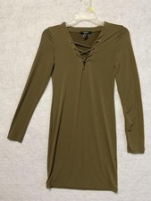 Forever 21 Dress Womens Small Olive Green Long Sleeve Lace Up V Neck Bodycon