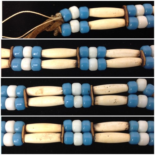 Vintage Native American Bone Blue Glass Bead Leather Choker Necklace - Picture 11 of 12