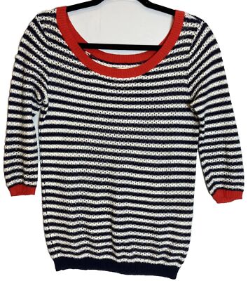 QuikSilver Open Knit Top Size XS Navy Striped Scoop Neck Nautical Red Trim