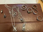 VTG LOT OF 9  STERLING SILVER W/STONES - 5 RINGS, 4 PENDANTS, 2 W/SILVER CHAINS