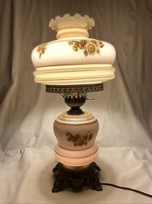 Vintage Glass Hurricane Double Collar Lamp & Night Light Hand Painted Flowers