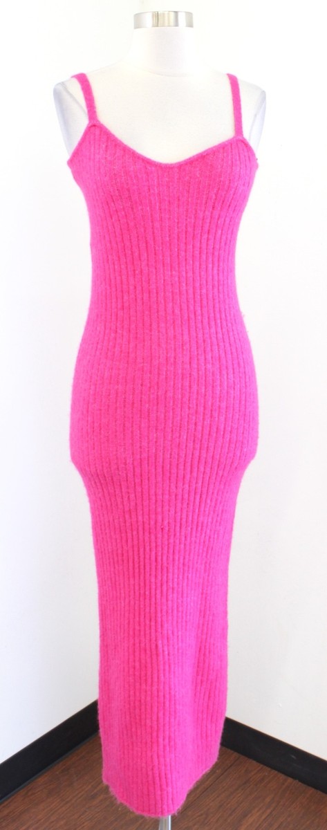 Zara Hot Pink Ribbed Sweater Knit Bodycon Maxi Dress Size M