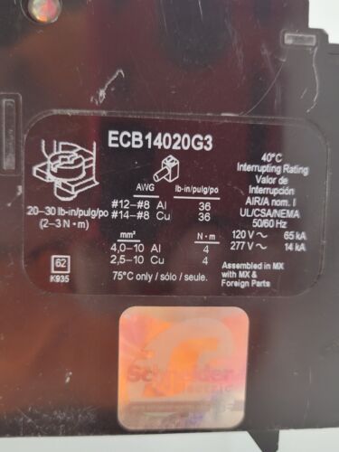 Schneider Electric Powerlink ECB14020G3 Circuit Breaker 20A 277V 1P Type ECB-G3 - Picture 12 of 12