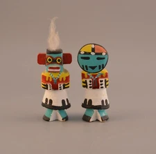 Two Vintage Route 66 Hopi Kachinas - Sun - Warrior - Both Signed Pooley - 3.5"
