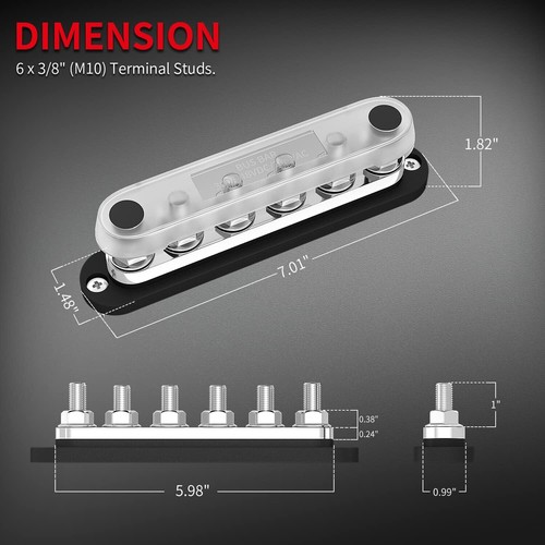 300A Bus Bar 12V Marine 12V Power Distribution Block with Cover 6 X 3/8" (M10) T - Picture 5 of 6
