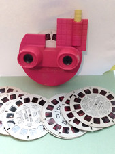 Vtg Red Clear VIEWMASTER 3D View W/ Push Button 9 Reels Batman Snoopy Popeye
