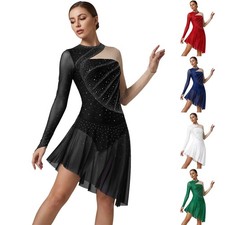 Women Shiny Rhinestone Figure Skating Dress Ballet Leotard Dress Roller Skating