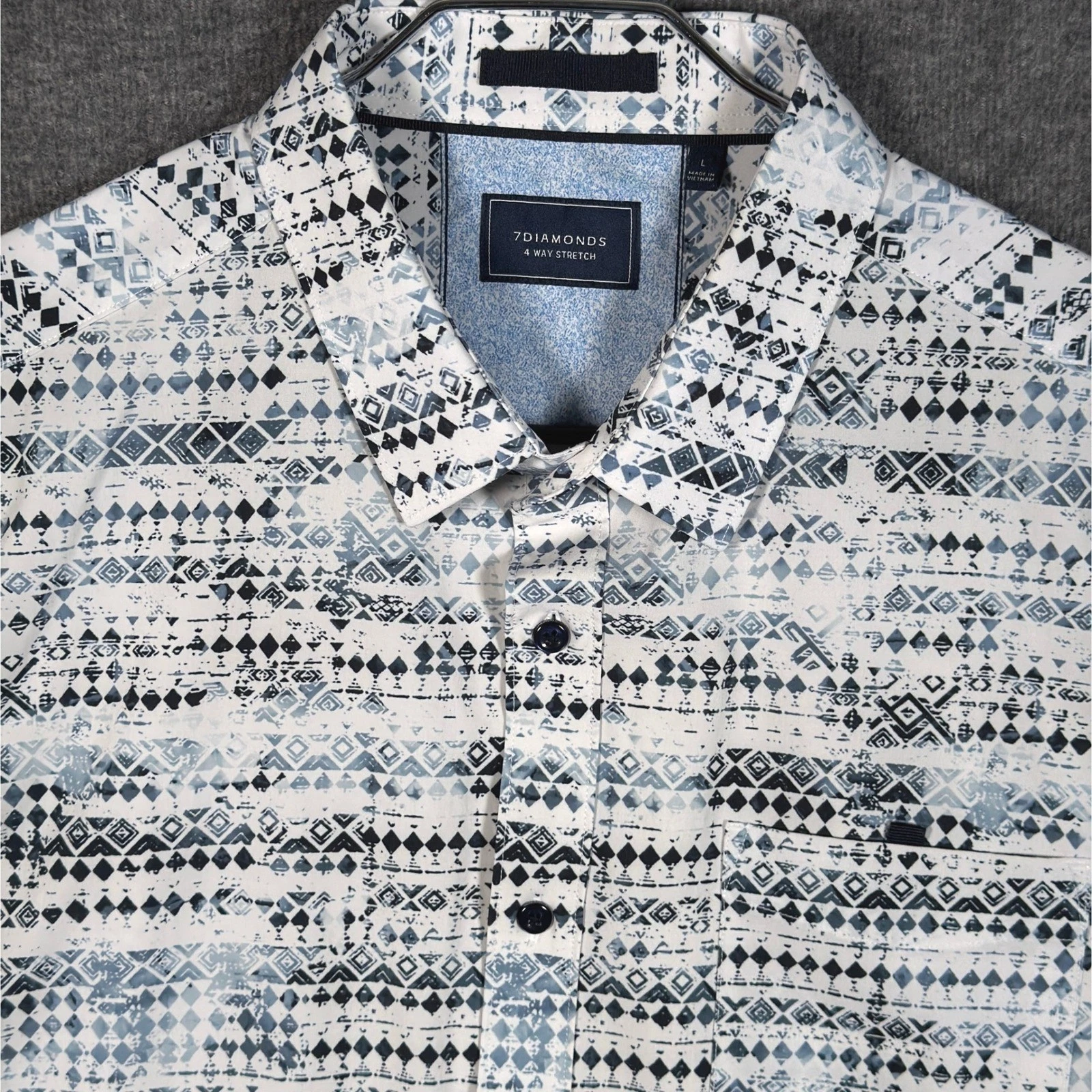 7Diamonds 4-Way Stretch Shirt Mens Large Blue White Geometric Steps Ahead