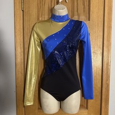 The Line Up Blue Gold Black Metallic Rhinestone Long Sleeve Dance Leotard AS