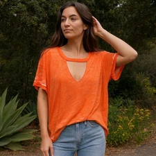 Free People We the Free Jordan Burnout Tee Womens Large Orange Cut-Out Oversized