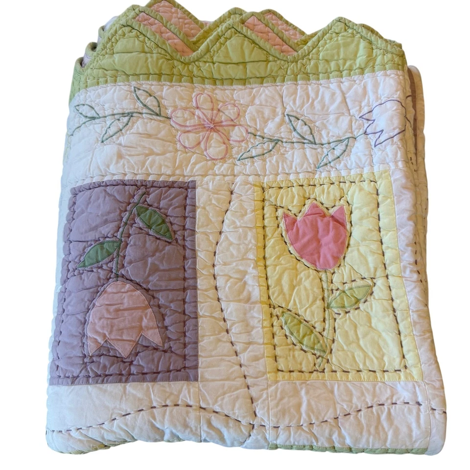Pottery Barn Kids Quilt Pink Pastel Floral Tulips Twin 72 x 85 Bedding Handmade - Image 3 of 4