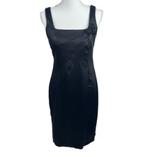 Calvin Klein Black Satin Sleeveless Sheath Dress Rose Detail Womens Size 4