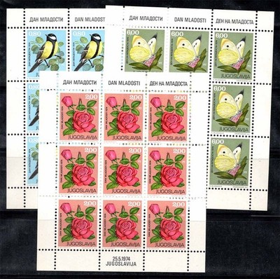 Jugoslawien 1974 Mi. 1559-1561 Kleinbogen 100% postfrisch ** Vögel, rosa, Schmetterling