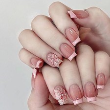 30Pcs Pink French Butterfly Short Square Head Press On False Nails With Glue