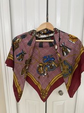 Women s Silk Satin Square Scarf Burgundy Plaid Equestrian Horse Bit Logo