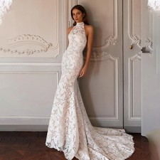 Popular Halter FullLace See Through Back Sheat/Mermaid Wedding Dress Sweep Train
