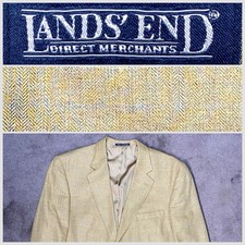 Lands' End Men 44 Long 100 Silk Herringbone British Tan Aqua White Check Blazer