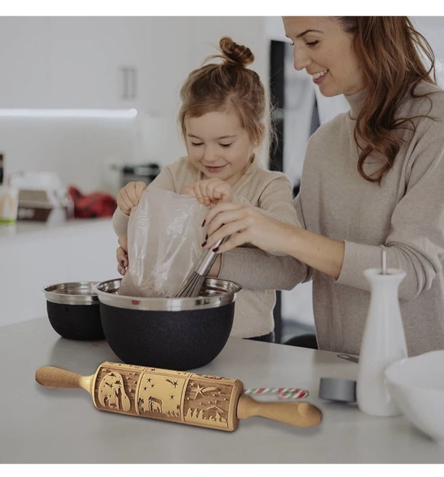 Brand New Nativity Pattern Xmas Christmas Wooden Embossing Rolling Pin - Image 4 of 4