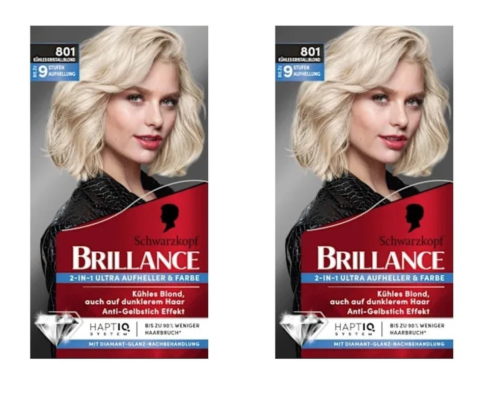 2x Schwarzkopf Brillance 2-in-1 Aufheller&Farbe 801 Kühles Kristallblond NV EA43