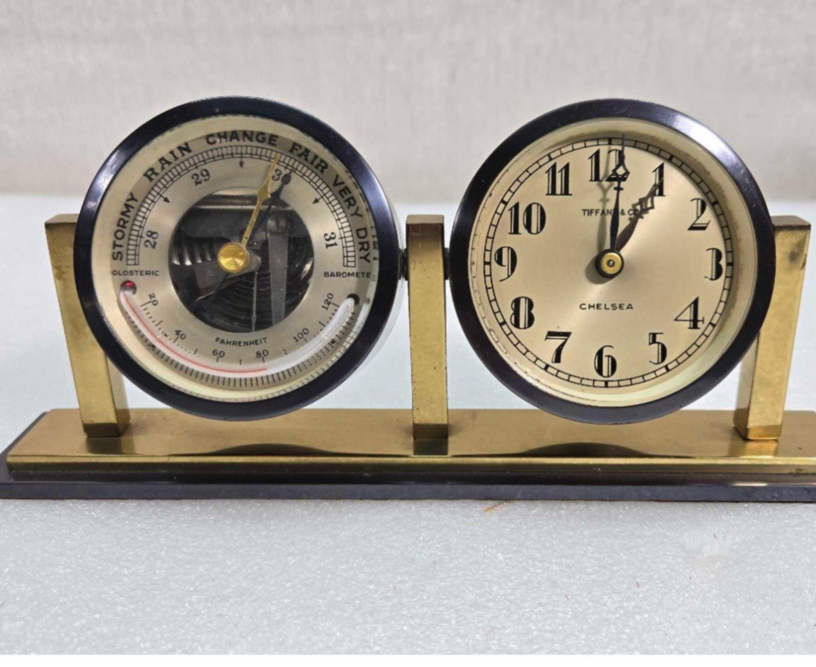 Tiffany & Co. Ship Clock & Barometer Set Brass & Gunmetal. Works