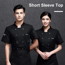 Unisex Chef Shirt Kitchen Double-breasted Short Sleeve Stand Collar Chest Pocket