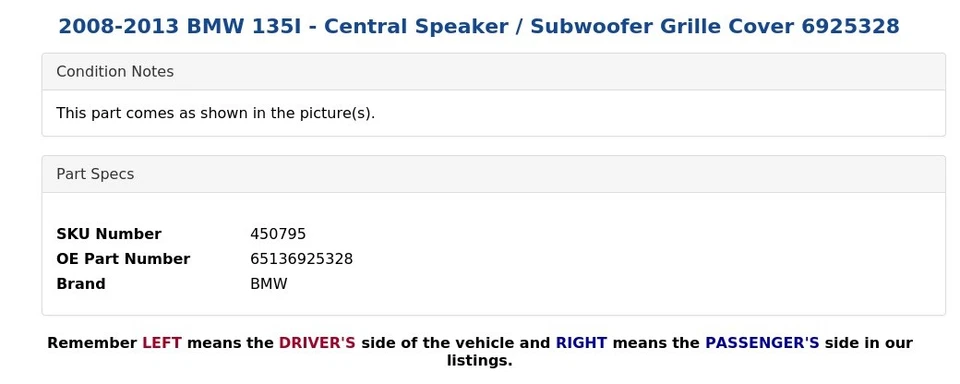 BMW 135I 2008-2013 - Altavoz central / Cubierta de rejilla de subwoofer 6925328 Foto 4 de 4