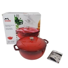 Staub Enameled Cast Iron Dutch Oven 5.1 QT 4.9 L- Cherry - France Scuffs On Knob
